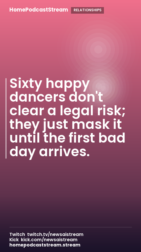 Sixty happy dancers don't clear a legal risk; they just mask it until the first bad day arrives.