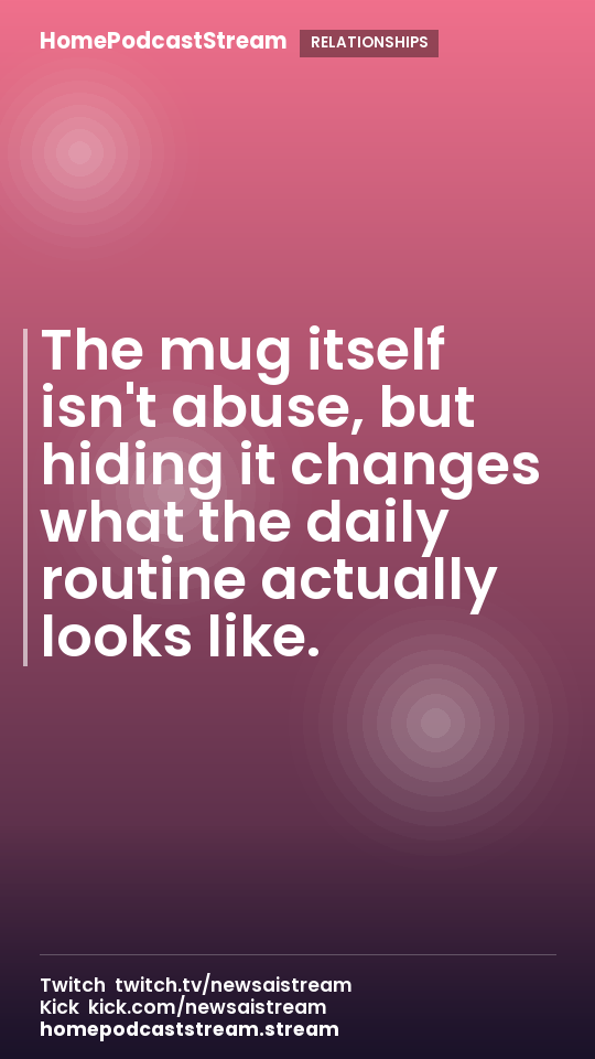 The mug itself isn't abuse, but hiding it changes what the daily routine actually looks like.