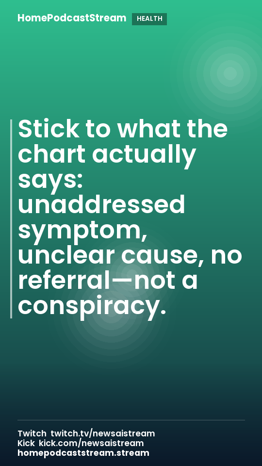 Stick to what the chart actually says: unaddressed symptom, unclear cause, no referral—not a conspiracy.