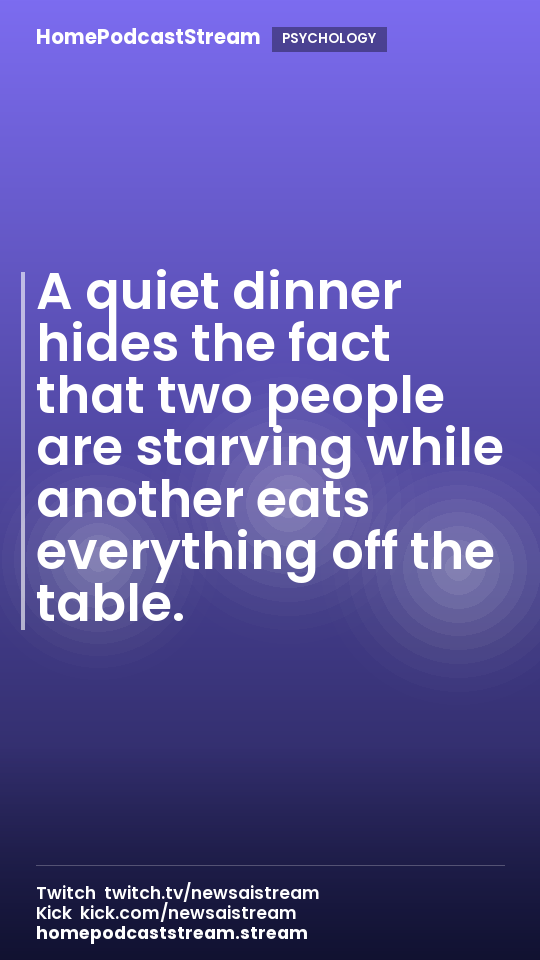 A quiet dinner hides the fact that two people are starving while another eats everything off the table.